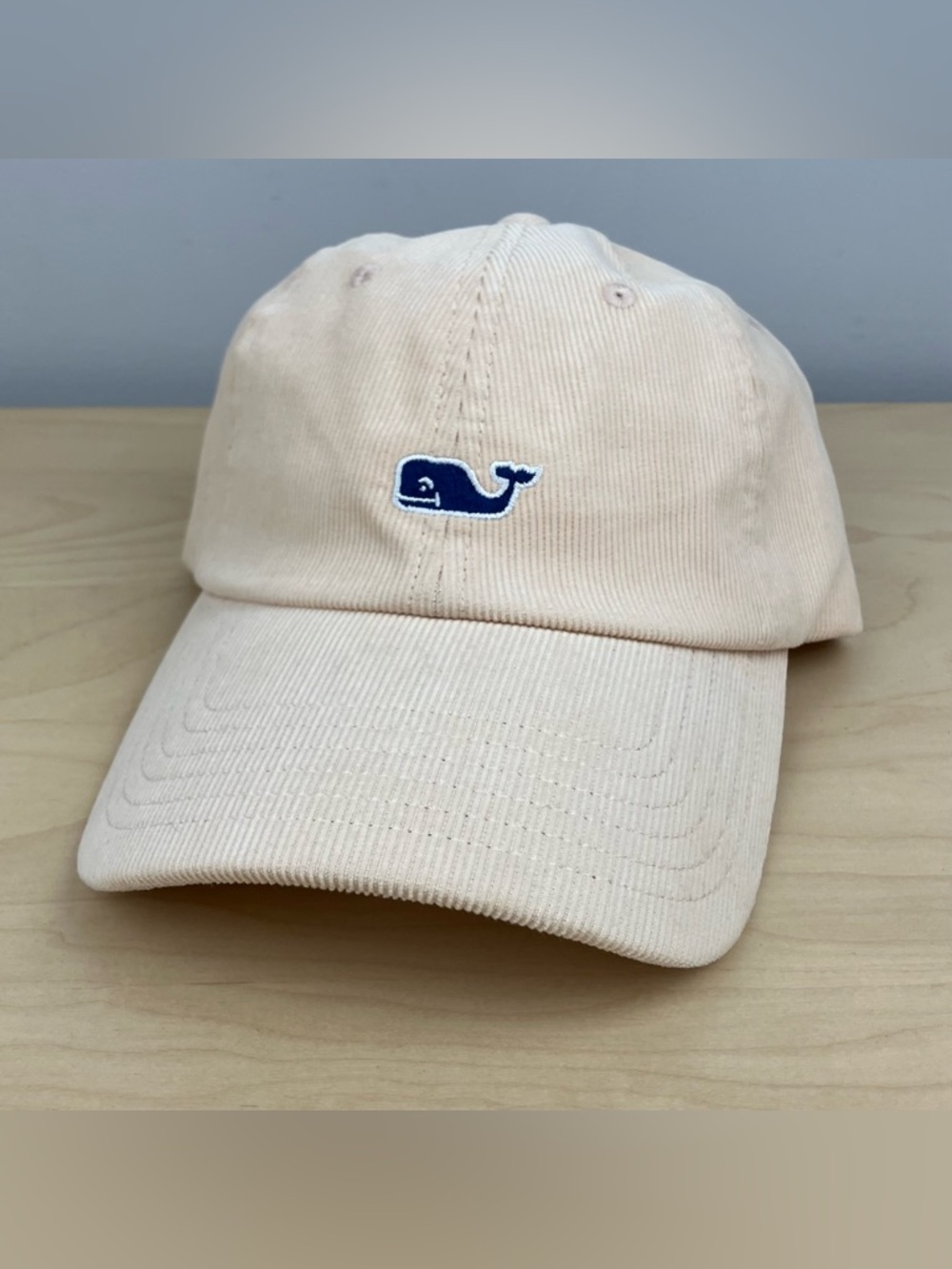 Vineyard Vines Corduroy Strapback Dad Hat Embroidered Whale Logo Light Cream